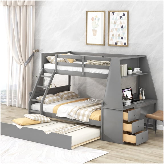 CHAMPFLAG Space Saving Bunk Bed with Trundle and Desk, Twin over Full Loft Bed with 3 Storage Drawers, Study Station Shelving, Gray Wood Finish
