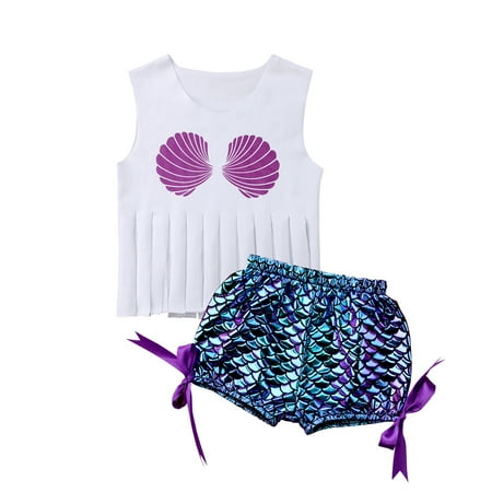 - Baby Boy Girl Summer Clothes Sleeveless Tassel Tank Top T Shirt Vest Mermaid Fish Scale Shorts Pants Outfits Sets