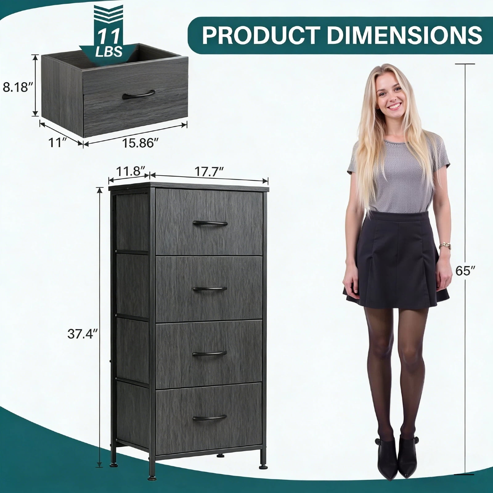 Nextay 4-Drawer Fabric Dresser for Bedroom, Storage Dresser Closet with Steel Frame & Wooden Top for Living Room, Dressing Room, Charcoal Black