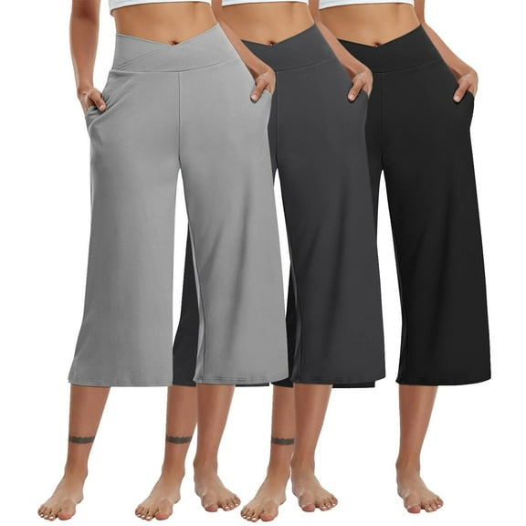 3 Packs Capri Lounge for Women with Pockets Crossover High Waisted Elastic Waist Maternity Cropped Pants Wide Leg Stretchy Hiking Gaucho Pants Gray 3XL