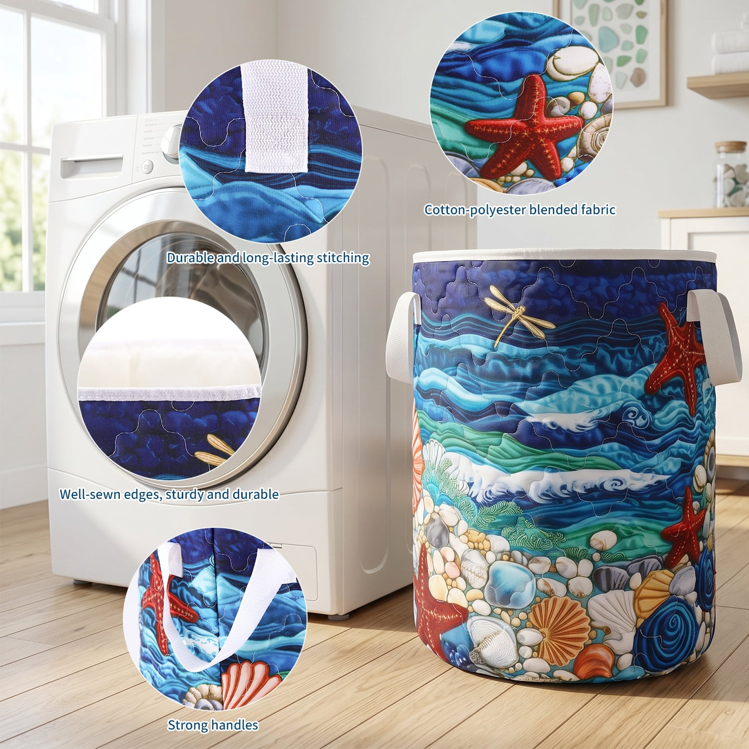 Yucurem Boho Fabric Floral Storage Hamper with Handle, Quilted Laundry Basket for Nursery Bedroom Laundry Room Clothes Toys (Starfish)