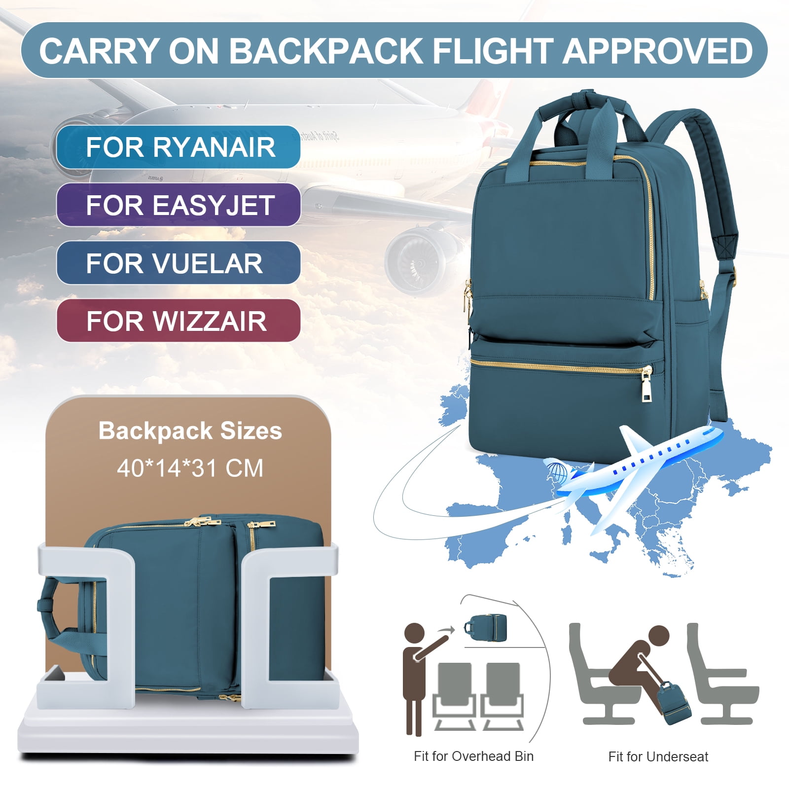 Travel Backpack For Women Men Airline Approved Carry On Bags For Airplanes Peacock Blue Laptop Backpack Personal Item Backpack For Traveling On Airplane College Backpack With Laptop Compartment