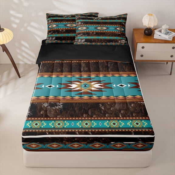 jejeloiu Southwestern Geometric Zipper Twin Comforter Sets with Fitted Sheet and 2 Pillowcases,Cowhide Pattern Zipper Bedding Set For Boys,Turquoise Brown,Black Reversible,4 Pieces