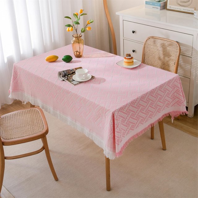 Rectangle Tablecloth, Washable Cotton Linen Table Cloth Wrinkle Free Tassel Decoration for Outdoor Coffee Table, Kitchen, Dining, Tabletop Decoration (Pink,130*180cm)