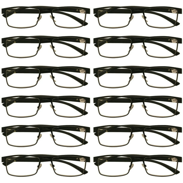 12 Packs Mens Rectangle Metal Frame Reading Glasses Black Spring Hinge Readers 1 75
