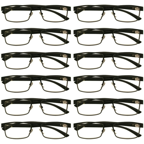 12 Packs Mens Rectangle Metal Frame Reading Glasses Black Spring Hinge