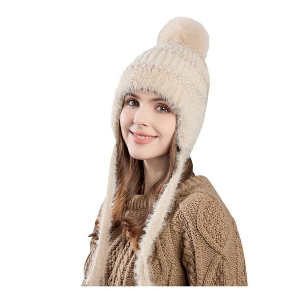 Caywon Women's Autumn Winter Outdoor Cold-Proof Warm Knit Wool Hat Large Head Circumference,Fleece Lined with Ear Protection,Stylish Beanie Cold Weather Headwear