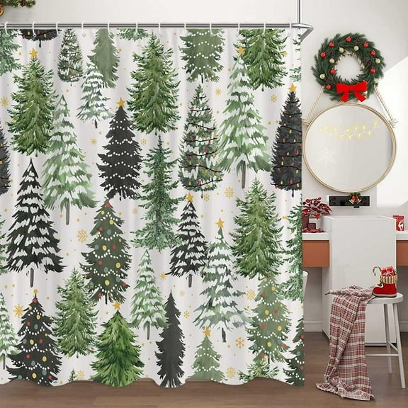 Christmas Tree Shower Curtain, Cute Funny Winter Xmas Green Forest Woodland Pine Tree Snow Shower Curtain for Bathroom, Rustic Farmhouse Holiday Decoration Shower Curtain Set with 12PCS Hooks, 70X70IN