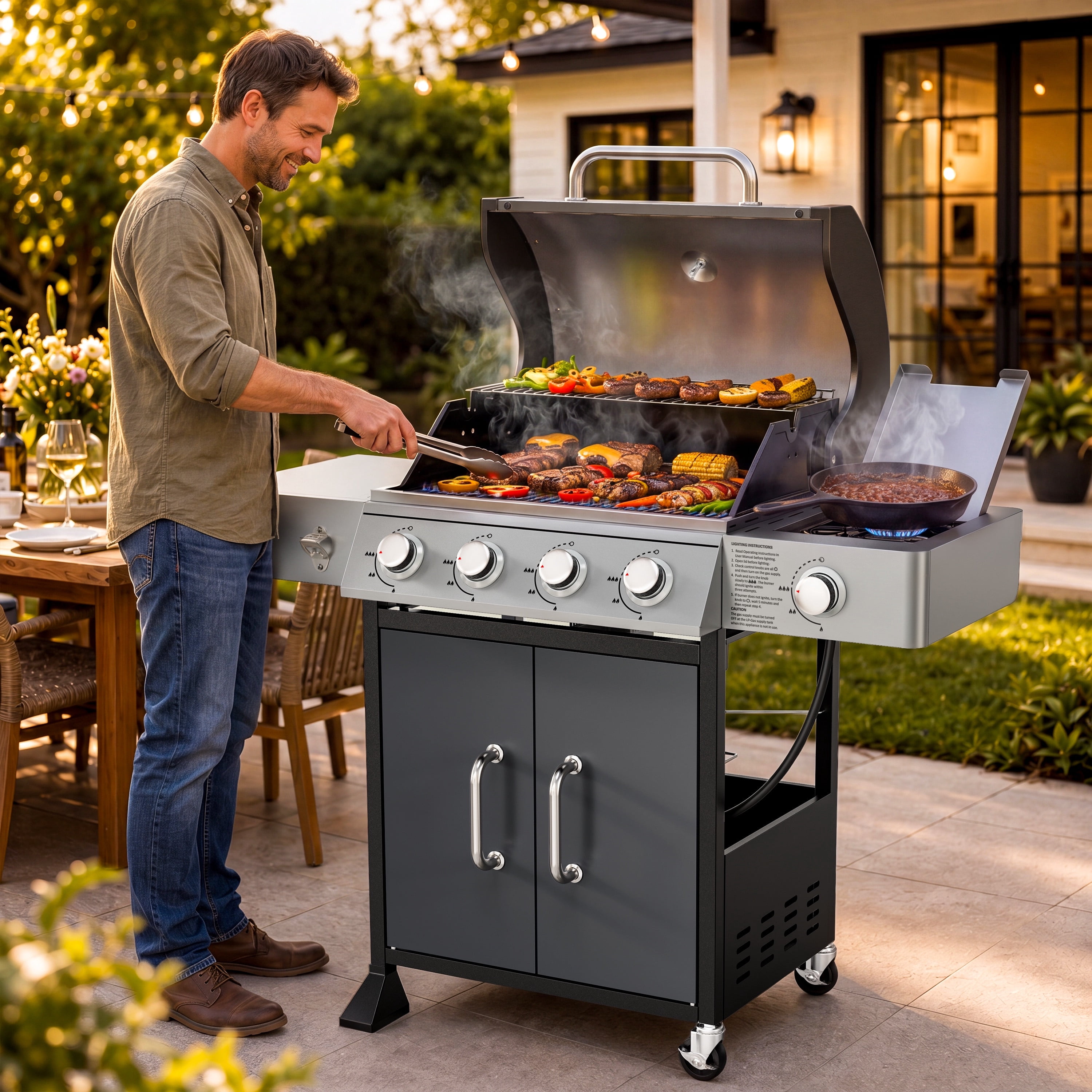 4-Burner Gas Grill with Side Burner, 51,000 BTU Propane BBQ Grill with Porcelain-Enameled Cast Iron Grates, Built-in Thermometer, Ideal for Patio Camping Outdoor Cooking