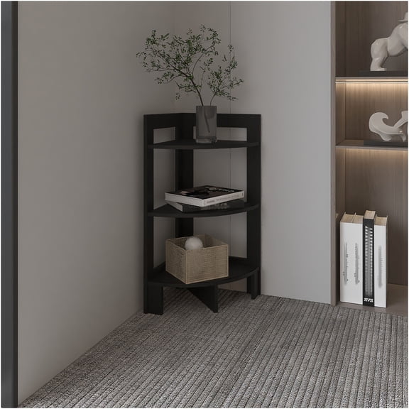 JERFIT Modern 3-Tier Corner End Table with Tray Top, Black Particle Board Accent Shelf for Living Room, Bedroom