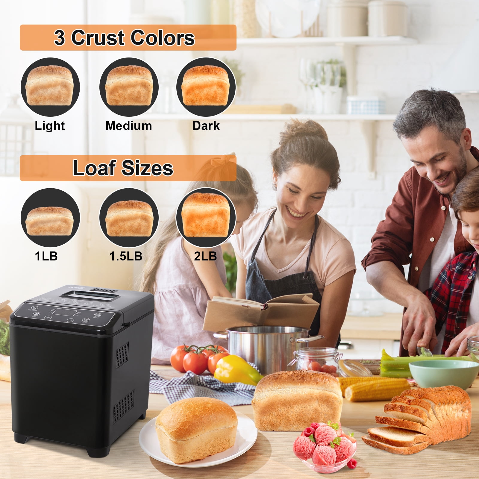 KBS  Bread Maker Machine with Ice cream program,20-in-1 2LB Fully automatic bread machine，DIY setting,15 Hour delay timer,Black Model#070 Ice cream version
