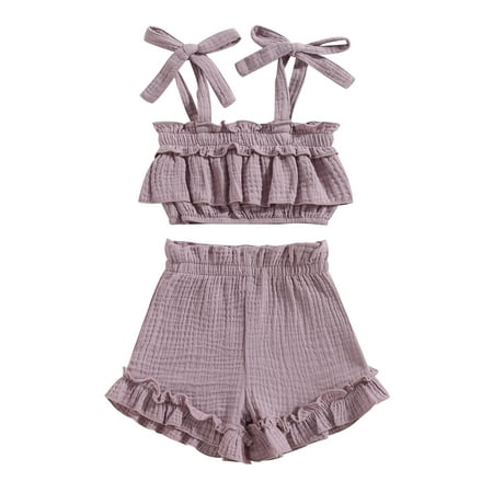 

Springcmy Kids Girls Summer Outfits Solid Color Strap Ruffle Sleeveless Tank Crop Tops Shorts 2Pcs Clothes Set Purple 1-2 Years