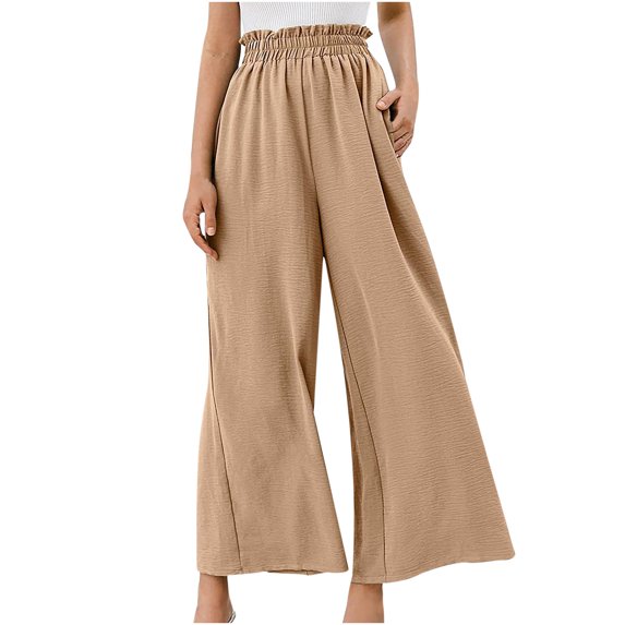 Bigersell Loose Fit Pants for Women Full Length Pants Women Casual Solid Cotton Linen Drawstring Elastic Waist Long Wide Leg Pants Ripped Pants for Ladies