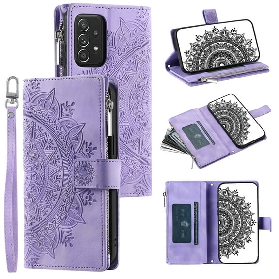 ELEHOLD Wallet Case for Samsung Galaxy A33 5G Embossed Pattern PU Leather Card Slots Zipper Pocket Kickstand Function Magnetic Clasp Lanyard Crossbody Shoulder Strap,Purple