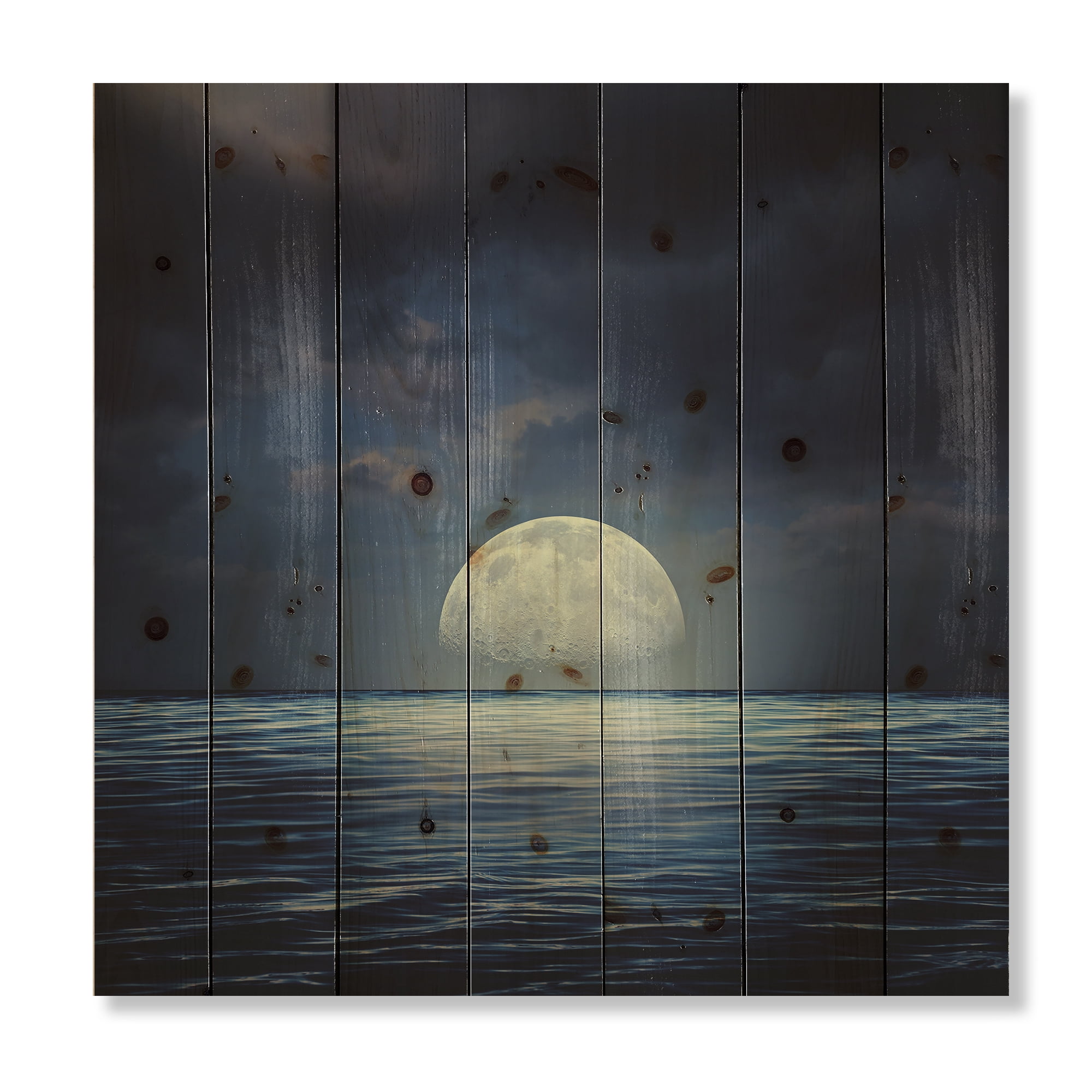 Designart 'Super Moon Over The Blue Sea' Nautical & Coastal Print on Natural Pine Wood