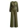 thumbnail image 4 of JIAYUE Women's 2-Piece Set Solid Color V Neck Irregular Long Sleeved Tops With Wide Leg Pants Outfit for Fall Festival, 4 of 4