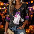 thumbnail image 2 of Women Halloween Shirt 2026 Oversized Cute Funny Plus Size 3/4 Sleeve Tops Skeleton Skull Printed Ghost Graphic T-Shirts Black,M, 2 of 5