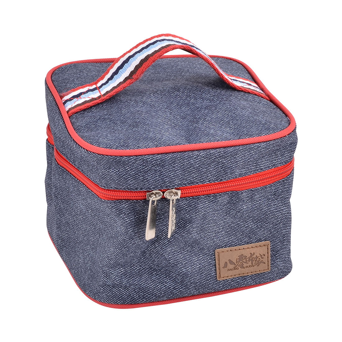 Home Zipper Closure Heat Retaining Tote Cooler Pouch Handbag Bag Navy Blue Red - 0