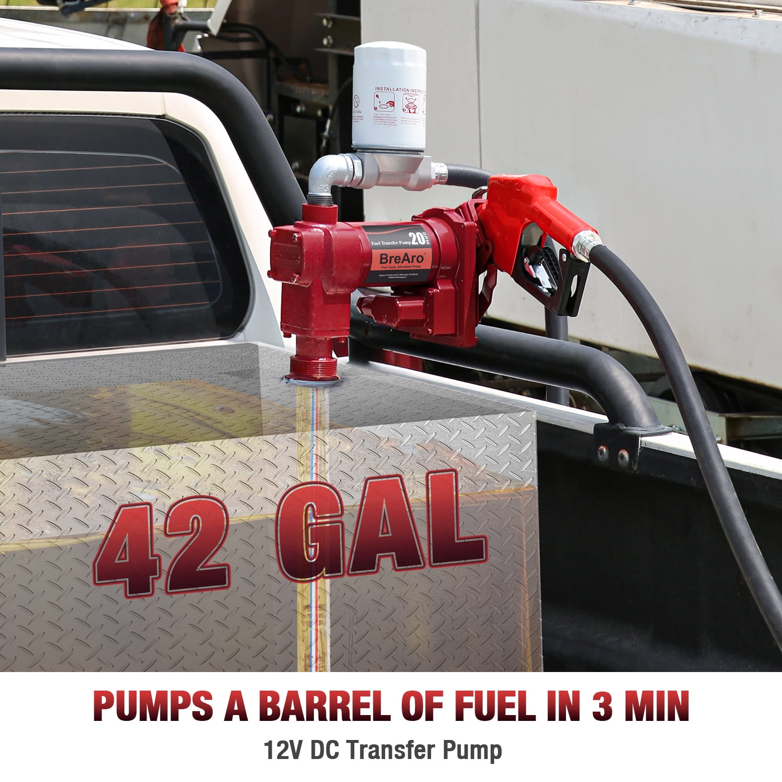 20GPM 12V DC Fuel Transfer Pump with Premium Filter, High Flow Gasoline Cast Iron Pump with Nozzle Kit for Diesel Kerosene Ethanol, Red