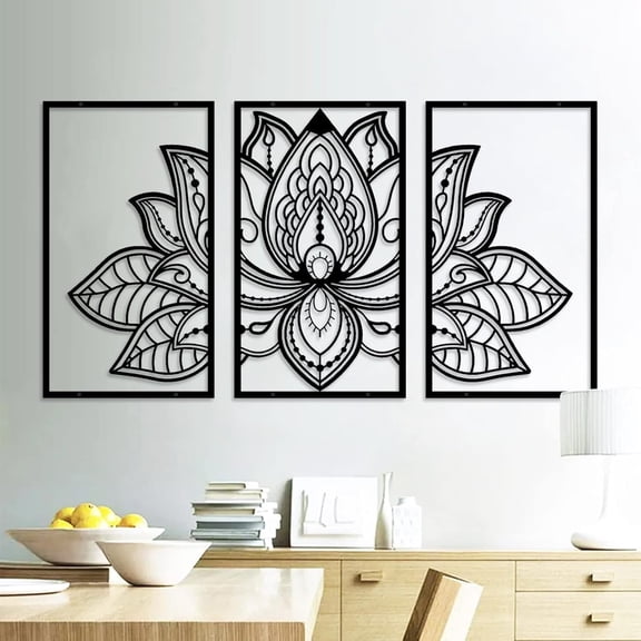 ESTART 3 Pcs Lotus Flower Wall Art Decor Metal Mandala Wall Decor Unique Lotus Flower Wall Art for Living Room, Bedroom, Office and Yoga Room Hanging Decor(Black)