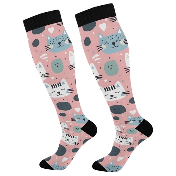 Haosy Compression Socks for Men Women Knee High Running Socks for Nurse Hiking Recovery Travel Athletic 2 Pairs Hand Drawn Cute Cat
