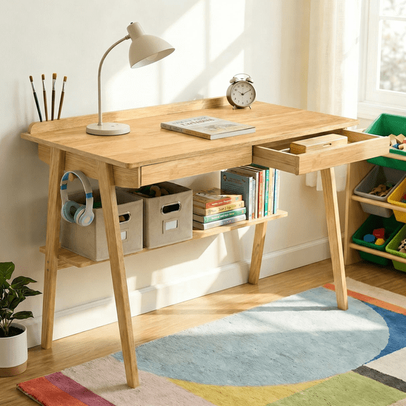 Computer Desk with 2 Drawers & Storage Shelf,47" Modern Wood Home Office Desk Study Desk PC Table Standing Desk with Side Hooks for Small Space Bedroom,Office,Wood