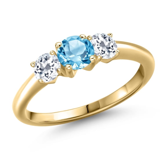 Gem Stone King 10K Yellow Gold Swiss Blue Topaz and White Topaz Engagement Ring for Women | 1.31 Cttw | Round 5MM | Gemstone November Birthstone | Size 8