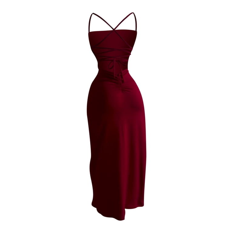 Fengqque Women's Lace Up Backless Strappy Sleeveless Side Split Cami Dress Spaghetti Strap Bodycon Shape Dress Red S(S)