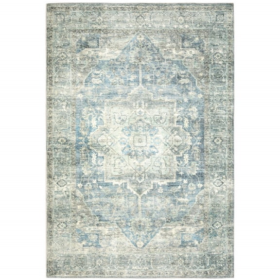 HomeRoots 8' X 10' Grey Blue And Ivory Oriental Power Loom Stain Resistant Area Rug