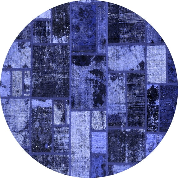 Ahgly Company Machine Washable Indoor Round Patchwork Blue Transitional Area Rugs, 4' Round