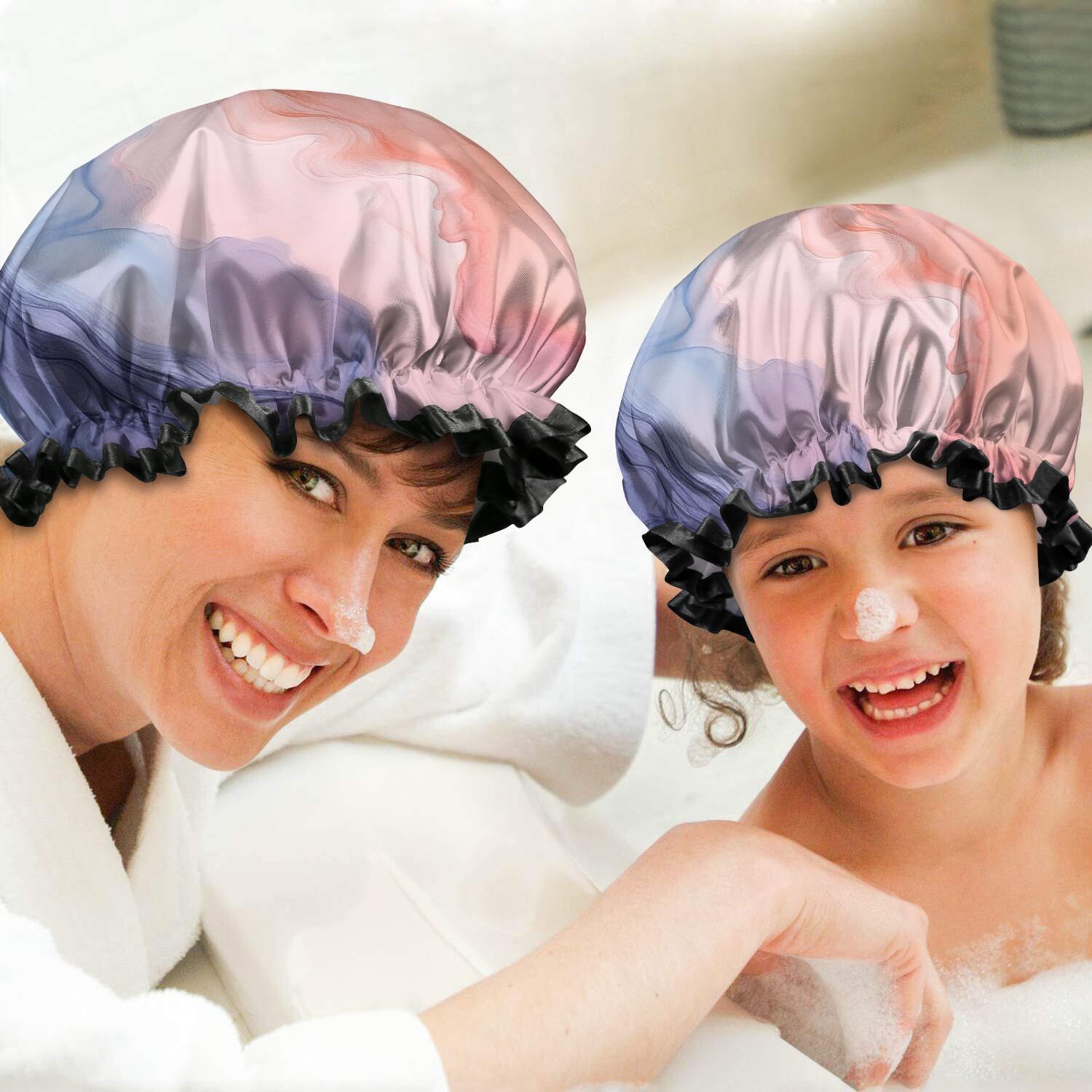 Shower Caps,Blue Red Purple Marble Pattern Waterproof Shower Cap for Women 4 Pieces,Double Reusable Hair Cover for Shower PEVA Elastic Stretch Hem
