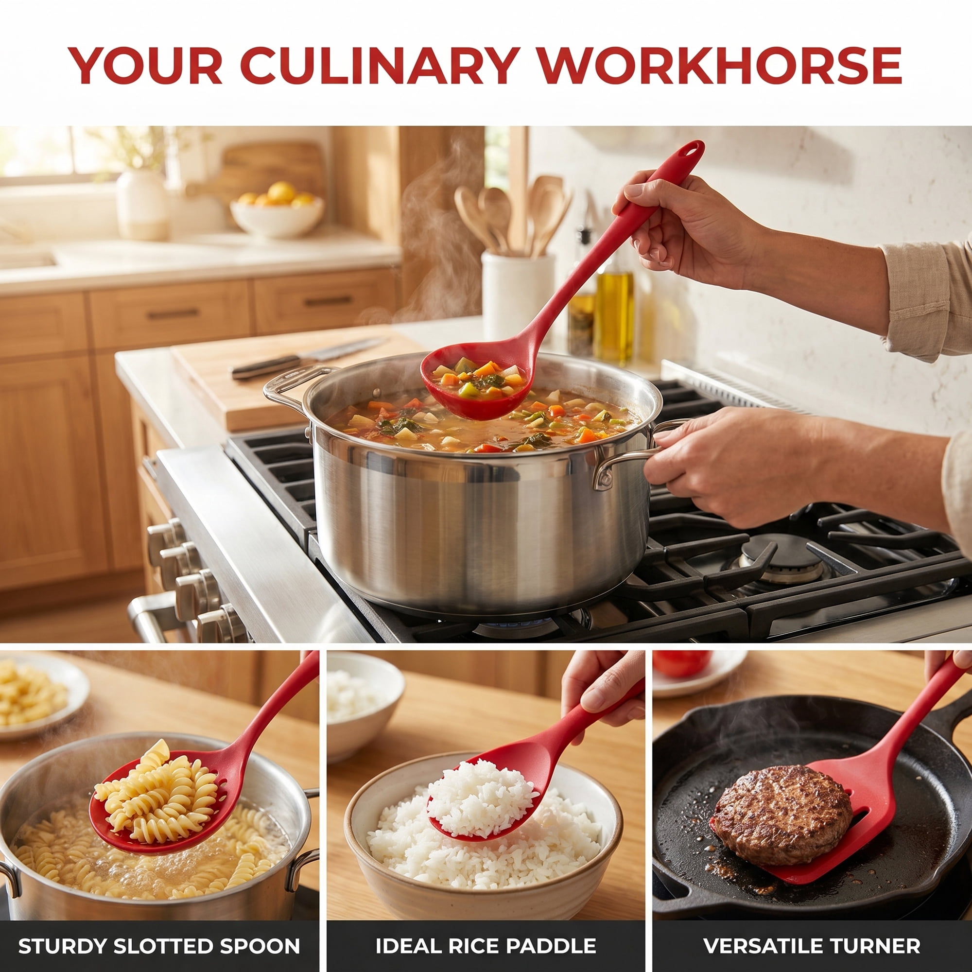 Unique Bargains 5 Pcs Solid Color Silicone Essential Kitchen Cooking Utensil Set Red