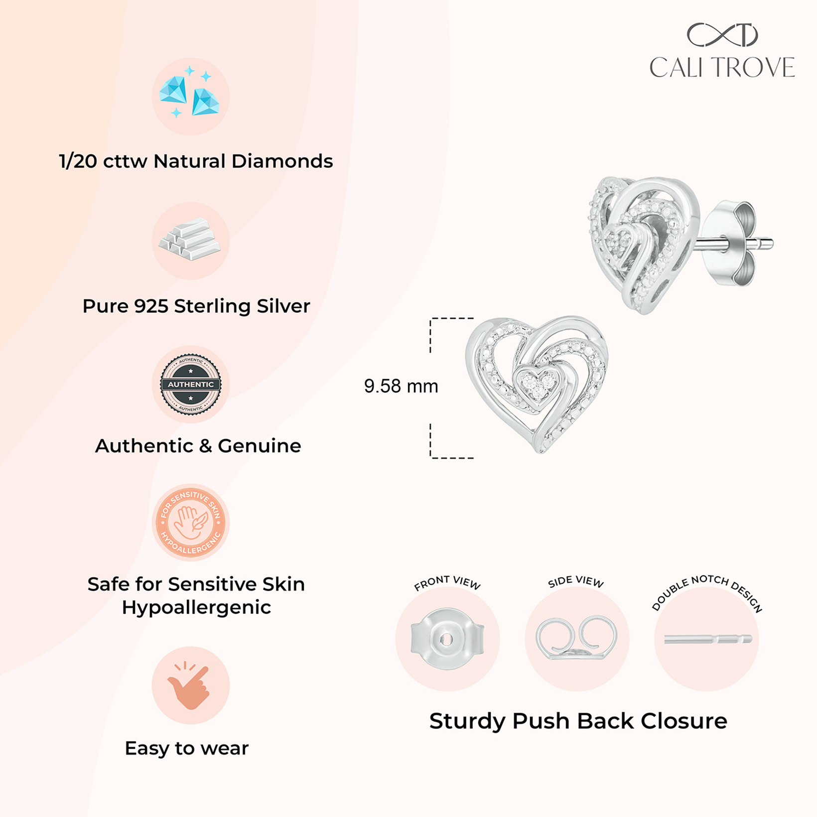 925 Sterling Silver Diamond Twist Heart Stud Earrings for Women, 1/20 Ct