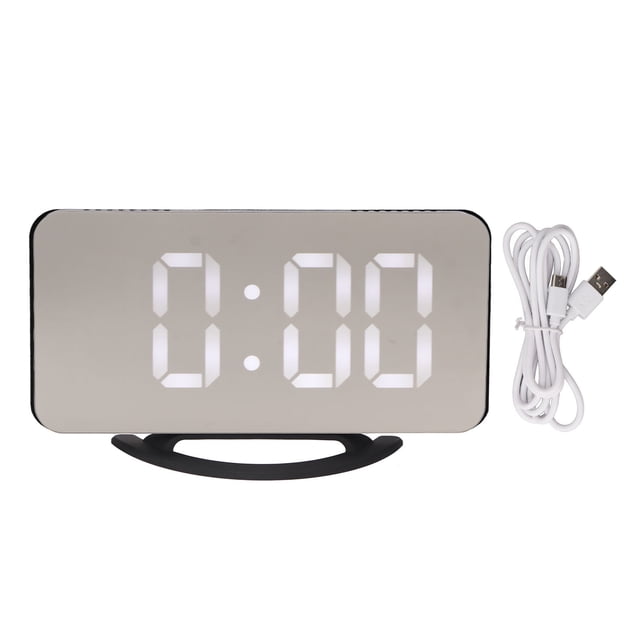 Reloj despertador con doble salida USB, 3 niveles de brillo, sensor de luz, pantalla de tiempo y temperatura, espejo LED, carcasa negra con letras blancas.