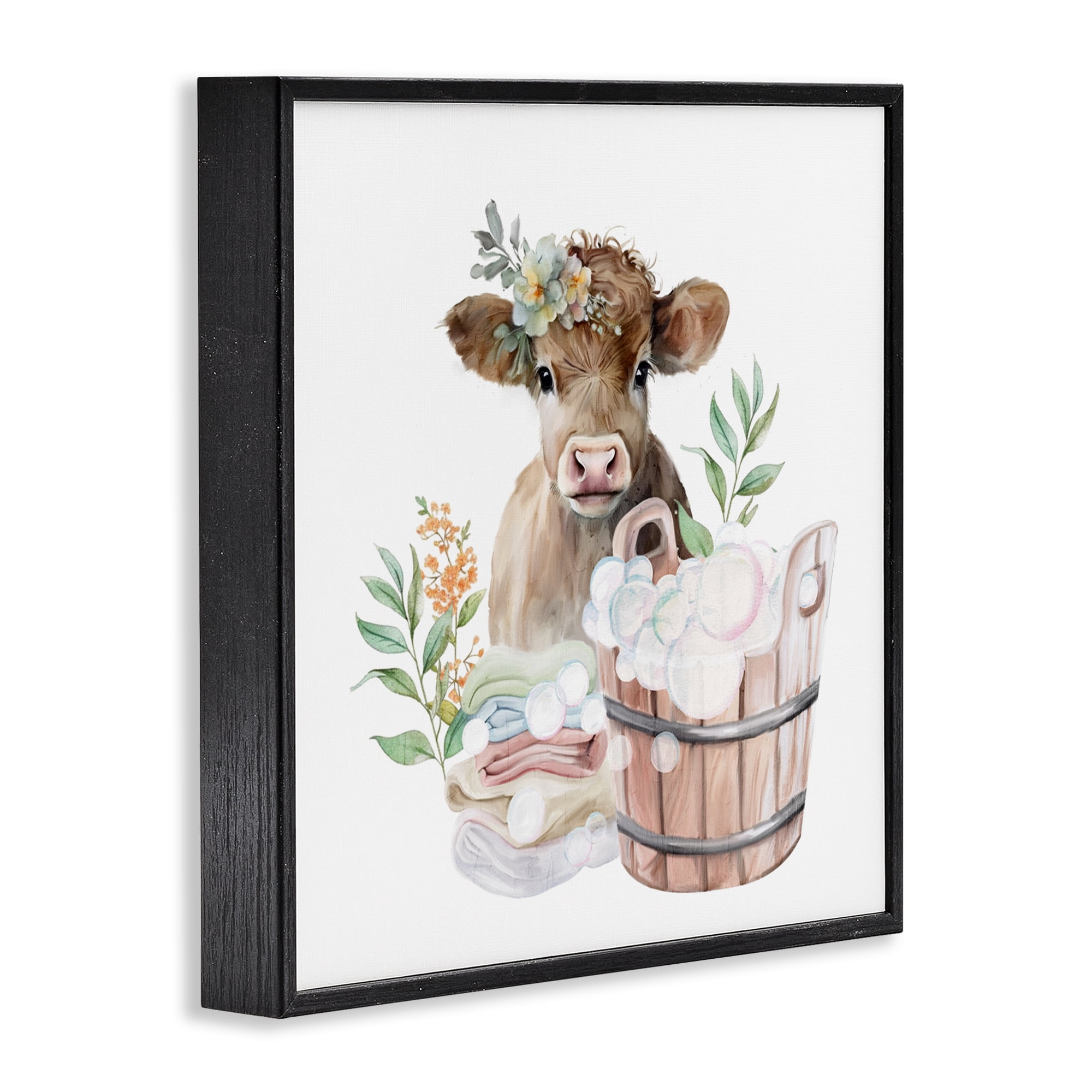 Laundry Day Baby Cow Black Framed Giclee Art, design by Kim Allen