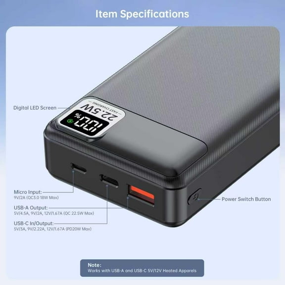 JUNCHI-5V 2A 3A 20000mAh Battery Pack for Electric Heated Camping Chair, Stadium Seat, Vest, Jacket, Blanket - Digital LCD Screen PD20W Fast Recharge