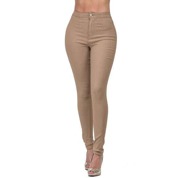 Simua Women's Elastic Skinny Jean Pants Outdoor Casual Solid Color Denim Trousers with Pockets Khaki XXL