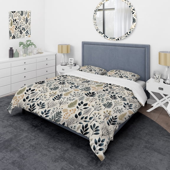 Designart "Monochrome World Of Botany II" Blue Plants Bedding Covert Set - Bohemian & Eclectic Bed Set With 2 Shams