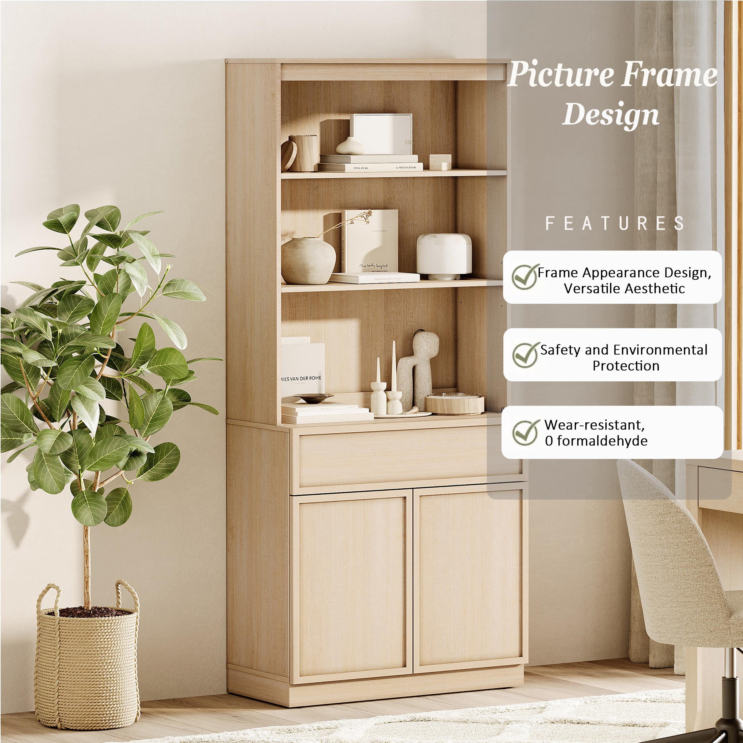 Modern 72" Tall Bookcase with Doors, Drawers & Adjustable Shelves, Wood Bookcase with Storage Cabinet and Open Shelving,Beige