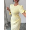 thumbnail image 4 of Pale Yellow Summer Womens Solid Round Neck Petal Sleeve Elegant Maxi Dress, 4 of 7