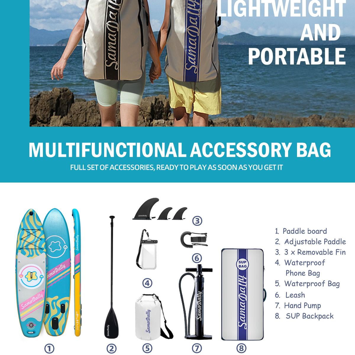 11’*34”*6” Inflatable Stand Up Paddle Board, 350lbs Capicity Paddle Board for Adult & Youth, Sup Board Kayak Non-Slip Stable Deck for Yoga, Fishing, Surfing (Bluish yellow)