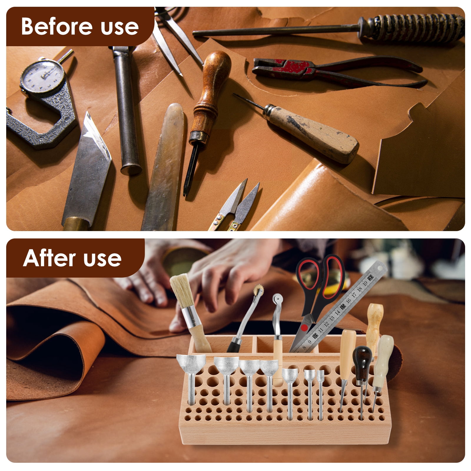 Wekvgz Wood Leather Tool Holder 98 Holes Professional Leather Craft Tool Holder with 3 Slots Large Capacity Leather Working Tool Holder for Hole Punch Leather Tools