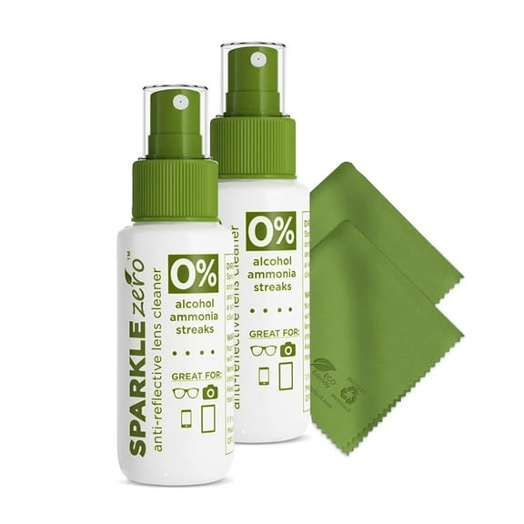 OPTIPAK Sparkle Anti-Reflective Eco Friendly Lens Cleaner Spray Kit | (2x) 1oz Glasses Cleaner Bottle (2x) Microfiber Cloth for Eyeglasses, Lenses, Screens and Sunglasses Cleaning Kit (4 Piece Set)