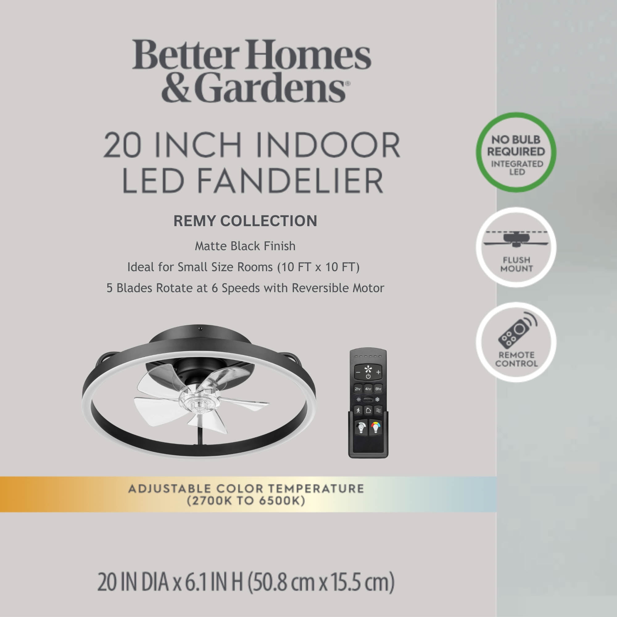 Better Homes & Gardens 20" Black Modern Ceiling Fan Fandelier with Color Changing Light, 5 Blades & Remote