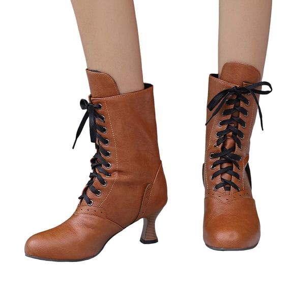 Ankle Boots for Women Lace up Round Toe Kitten Heel 70s Witch Booties Vintage Leather Fall Winter Mid Calf Dress Boots Orange Size 8