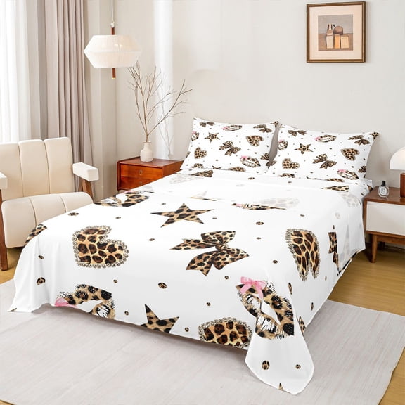 Homewish Teens Love Heart Stars Print Twin Sheet Sets 3pcs,Kawaii Bowknot Twin Fitted Sheet Microfiber,Cheetah Print Polak Dots Breathable Flat Sheet,Lightweight Room Decor