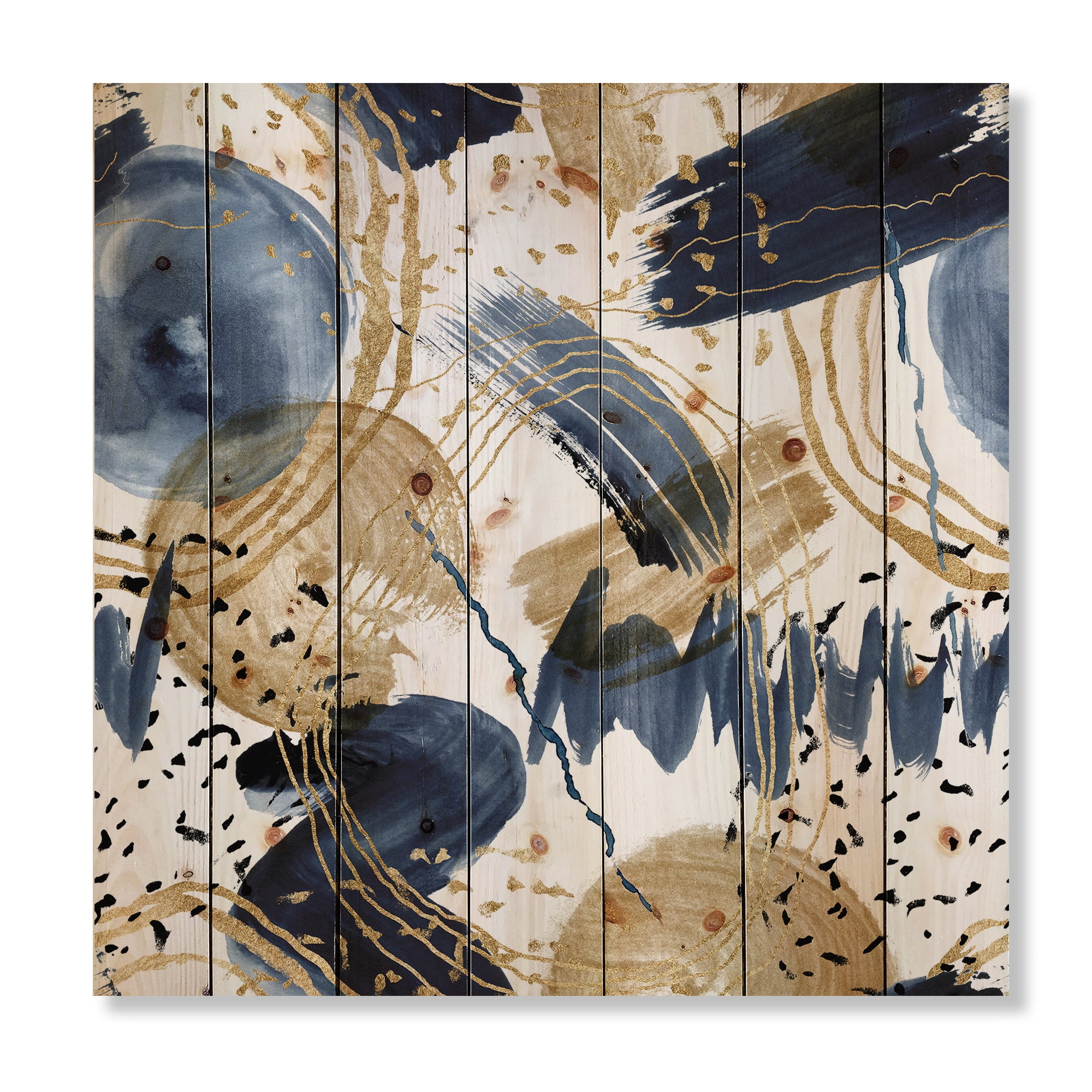 Designart 'Dark Blue & Golden Textures With Abstract Pattern' Modern Print on Natural Pine Wood