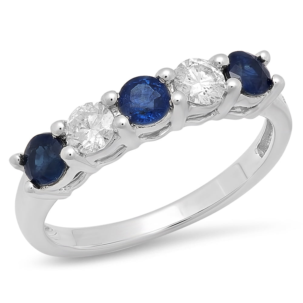 Dazzlingrock Collection 14K Blue Sapphire & White Diamond Ladies 5 Stone Bridal Engagement Ring Matching Band Set White Gold