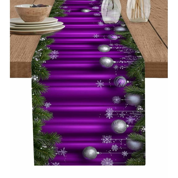 Ldtrchee Purple Christmas Table Runner 72 Inches, Xmas Balls Botanical Snowflake Bed Runner Dresser Scarves Tabletop for Indoor Outdoor Parties/Ceremony/Banquet, 16" x 72"