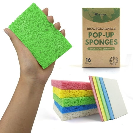 AIRNEX Compostable Cellulose Compressed Sponges, Multicolor Pop up Sponges for Dishes, Pack of 16